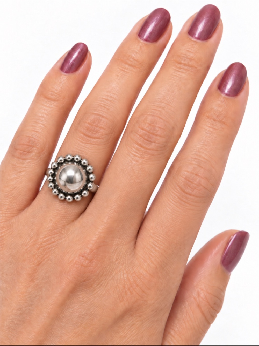 Vintage Silver Dome Ring Beaded Halo Engraved Band Southwestern Style Sz 5.25
